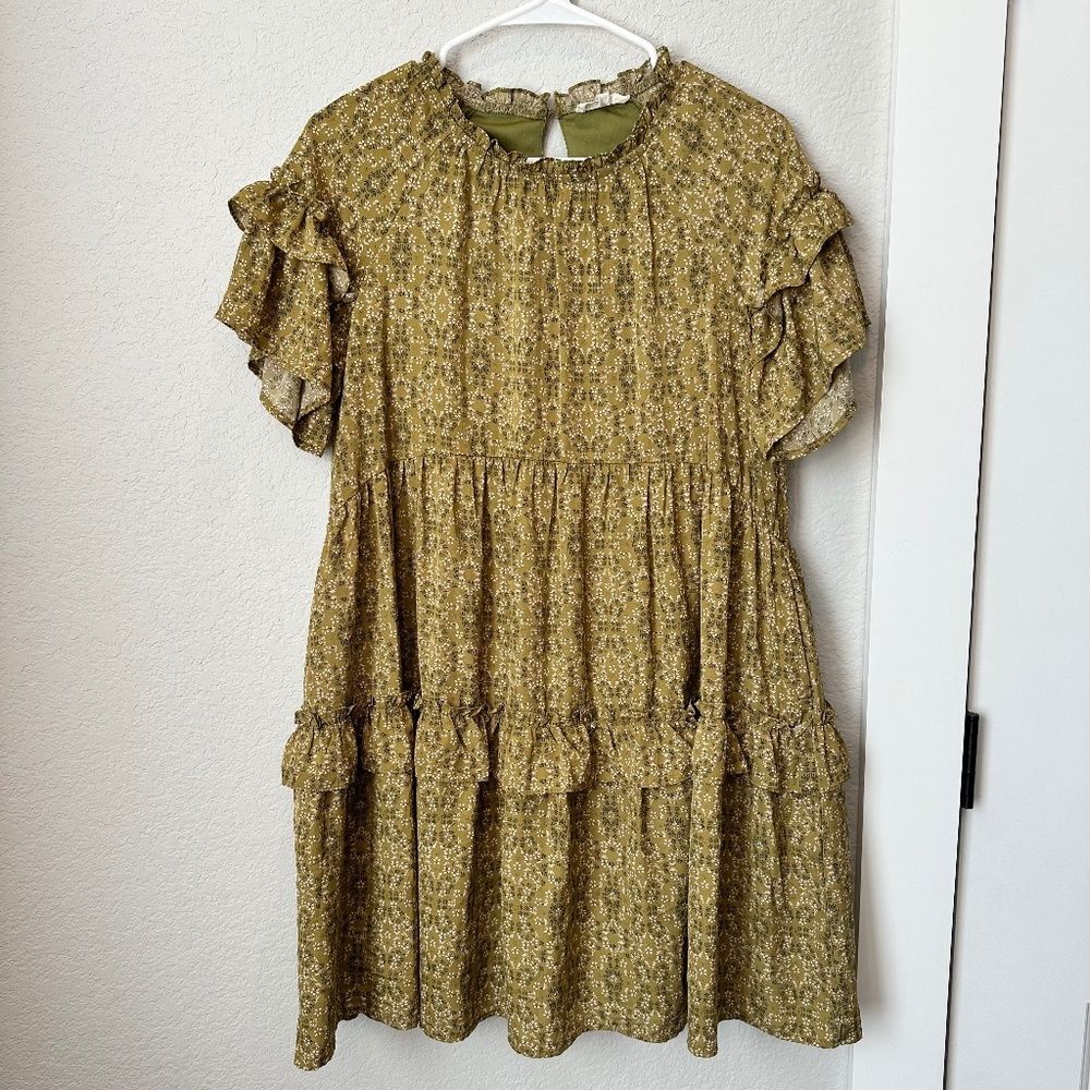 Roolee Olive Floral Ruffled Tiered Dress
